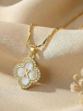 Gold Initial X Mother-of-Pearl Clover CZ Pendant Seed Chain Necklace